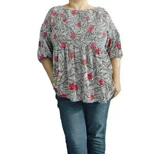 J.Jill Black Red Floral Smocked 3/4 Sleeve Top Size 2X